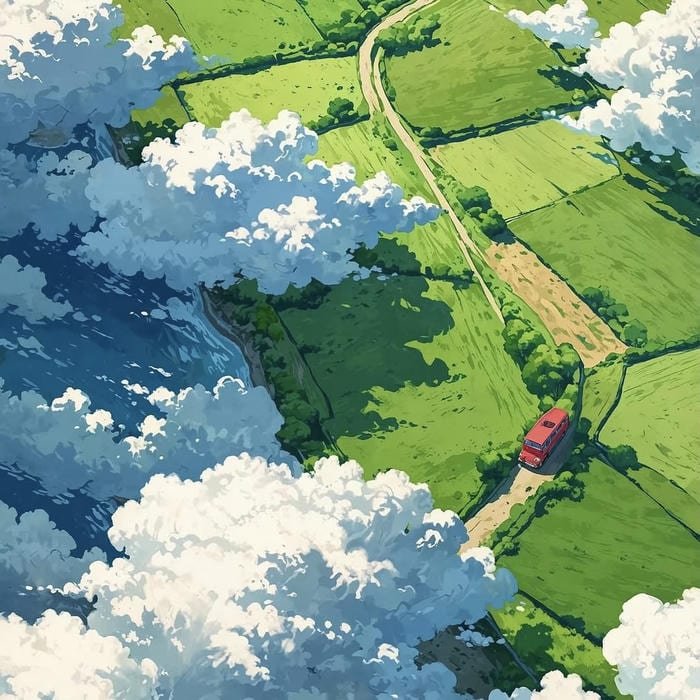 Green fields glowing in gentle sunlight