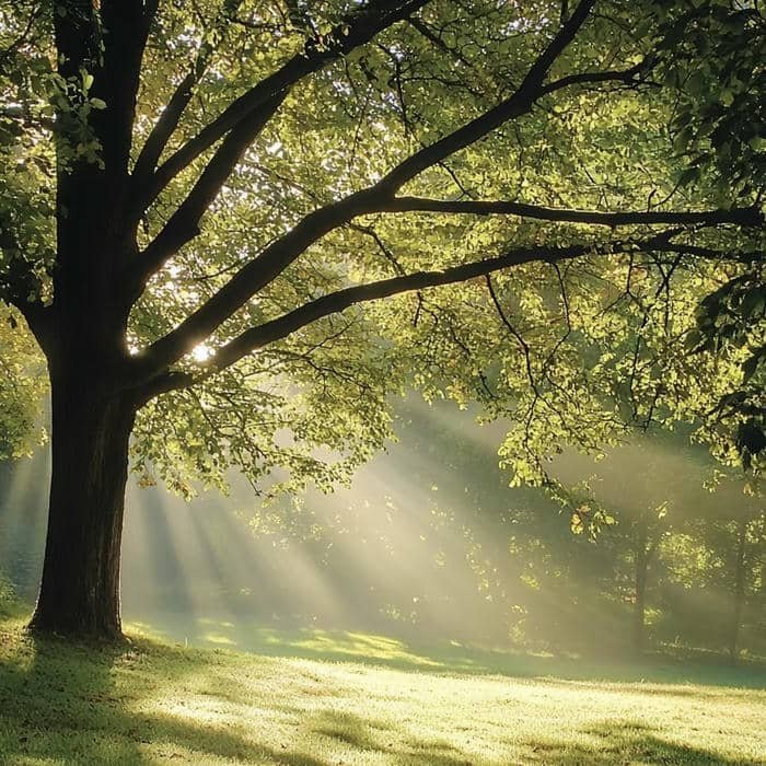 Sunbeams breaking through thick forest canopy