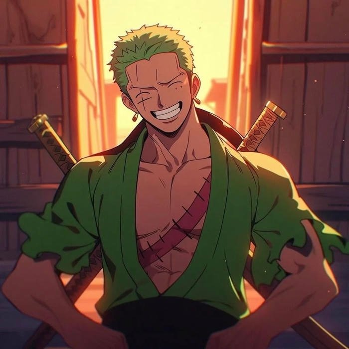 Anime pfp of zoro with three sword fighter identity