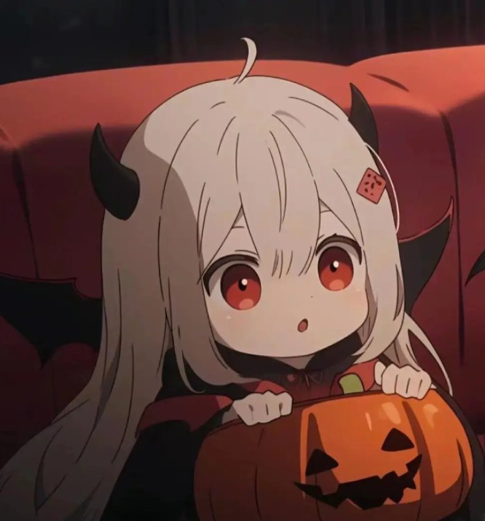 anime girl holding pumpkin with spooky smile halloween pfp cute
