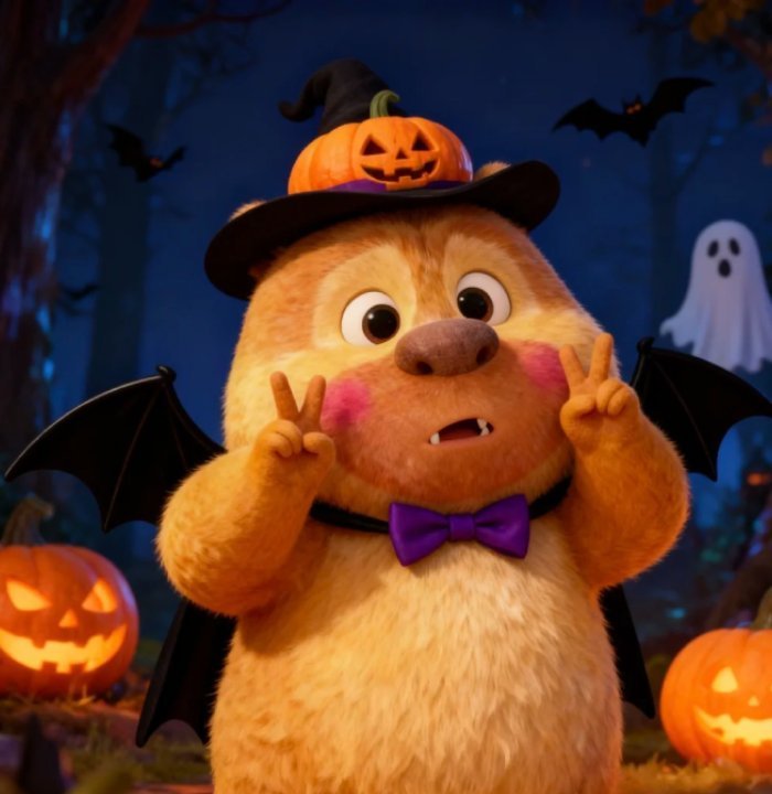 chubby bear surrounded by pumpkins at night halloween pfp cute