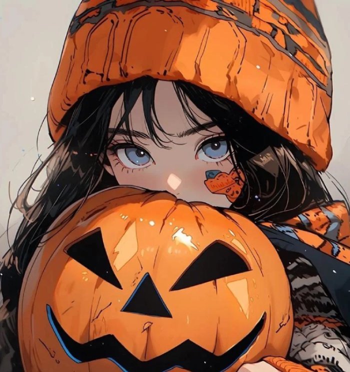 halloween pfp cute anime girl holding jack o lantern