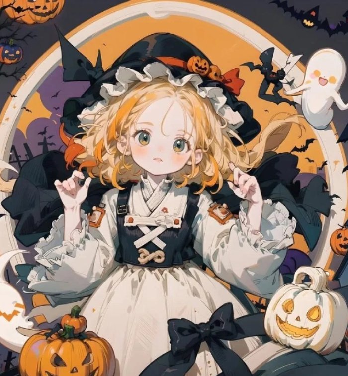 halloween pfp cute anime witch surrounded by pumpkins
