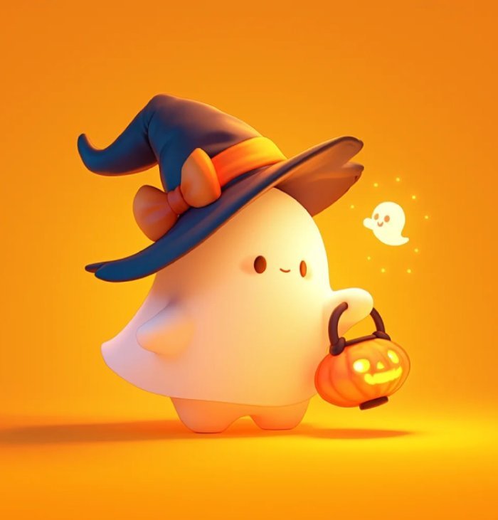 halloween pfp cute tiny ghost holding pumpkin
