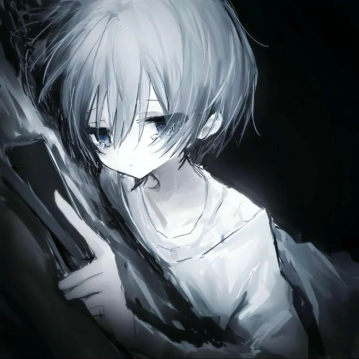 Downcast sad anime pfp boy with softened expression