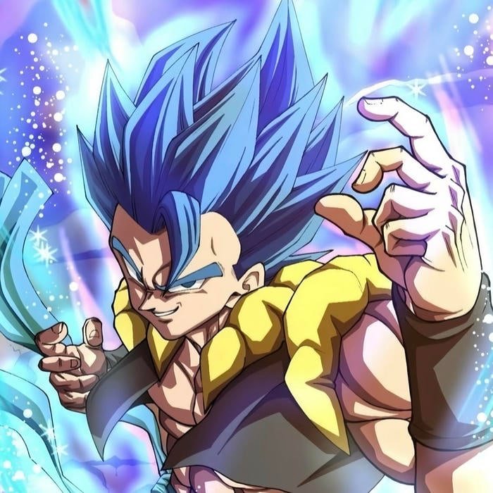 Electric blue fusion energy radiating around intense Vegito pfp