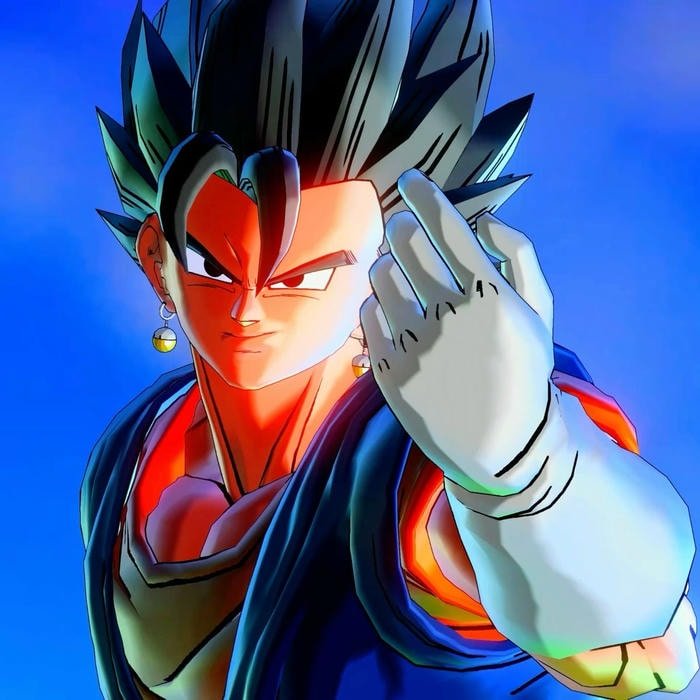 Glowing eyes effect intensifying fierce expression in Vegito pfp