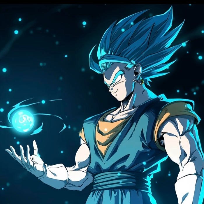 High contrast anime shading enhancing muscular detail in Vegito pfp
