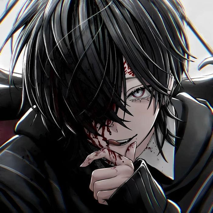 High contrast emo anime boy pfp enhanced by outfit textures