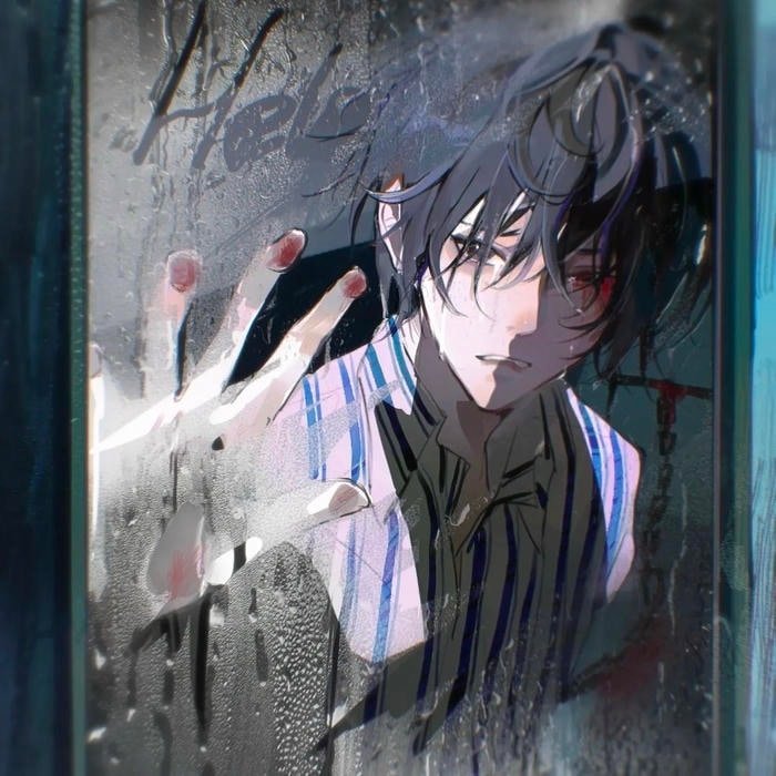 Low energy sad anime pfp boy conveying exhaustion