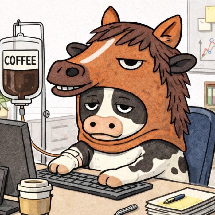 cute funny pfp with a cartoon cow working and drinking coffee