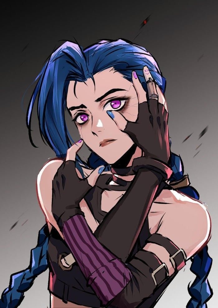 jinx pfp portraying manic joy mixed with danger