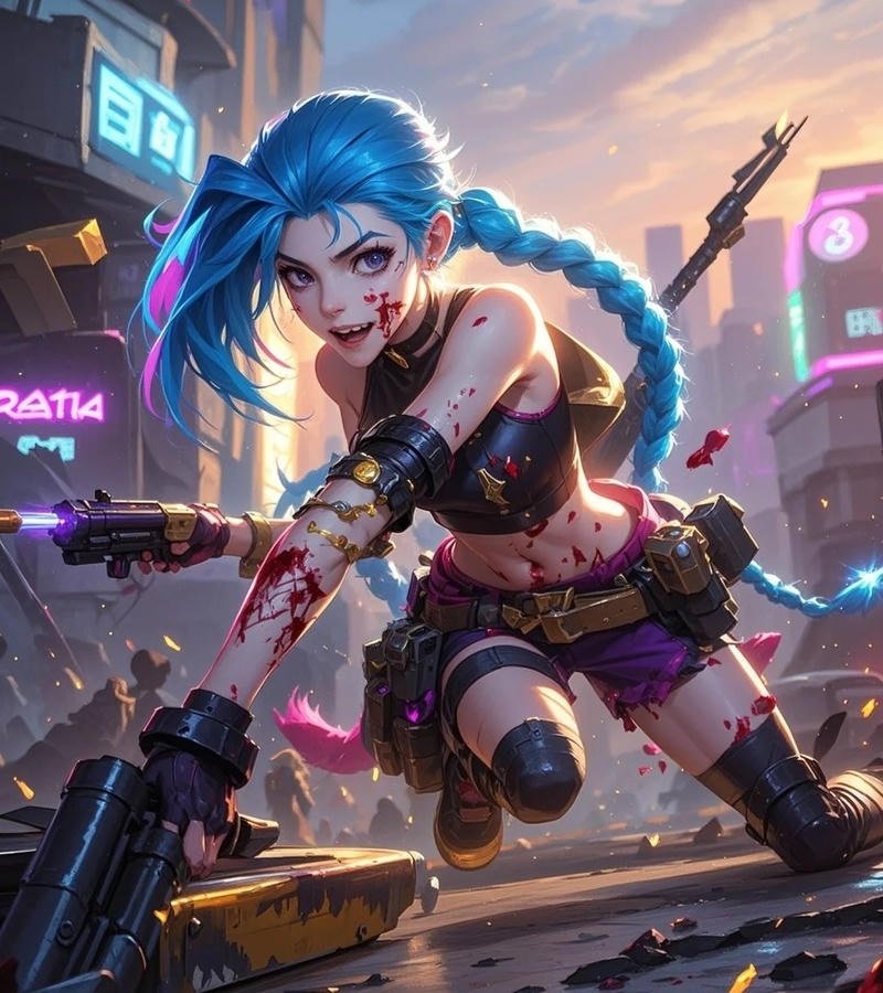 Arcane blue hair chaos portrait styled Jinx PFP