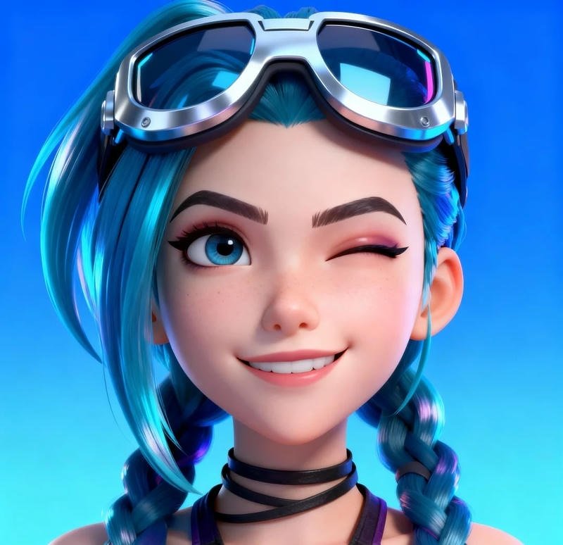 Blue braid chaos girl portrait with Arcane Jinx PFP