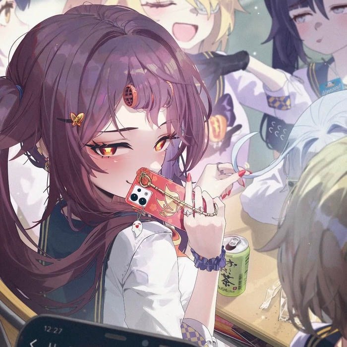 Dark floral hat details highlighted within stylish Hu Tao pfp