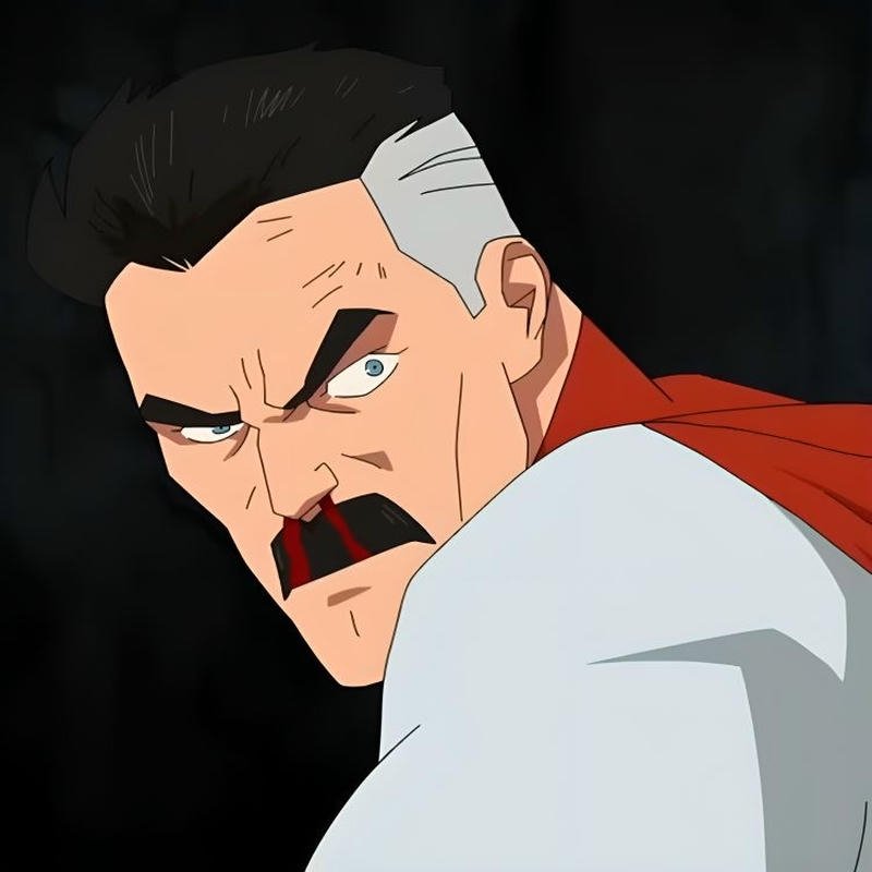 Dramatic animated hero portrait suitable for Omni Man pfp