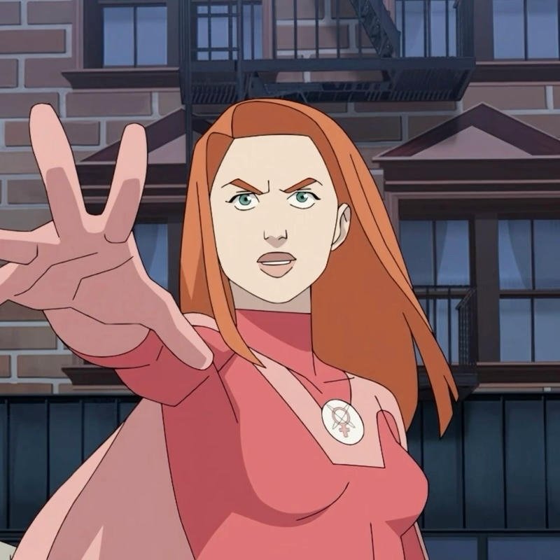 Dynamic superpowered heroine icon designed Atom Eve pfp