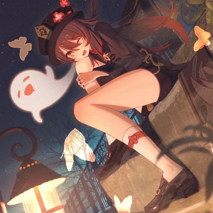 Ghostly companion floating softly beside whimsical Hu Tao pfp