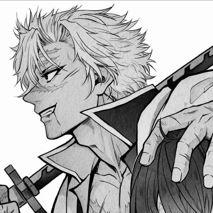 Grim battle veteran presence embodied in bold Sanemi pfp