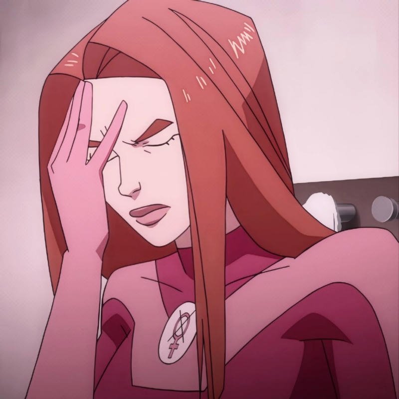 Heroic feminine champion portrait forming Atom Eve pfp