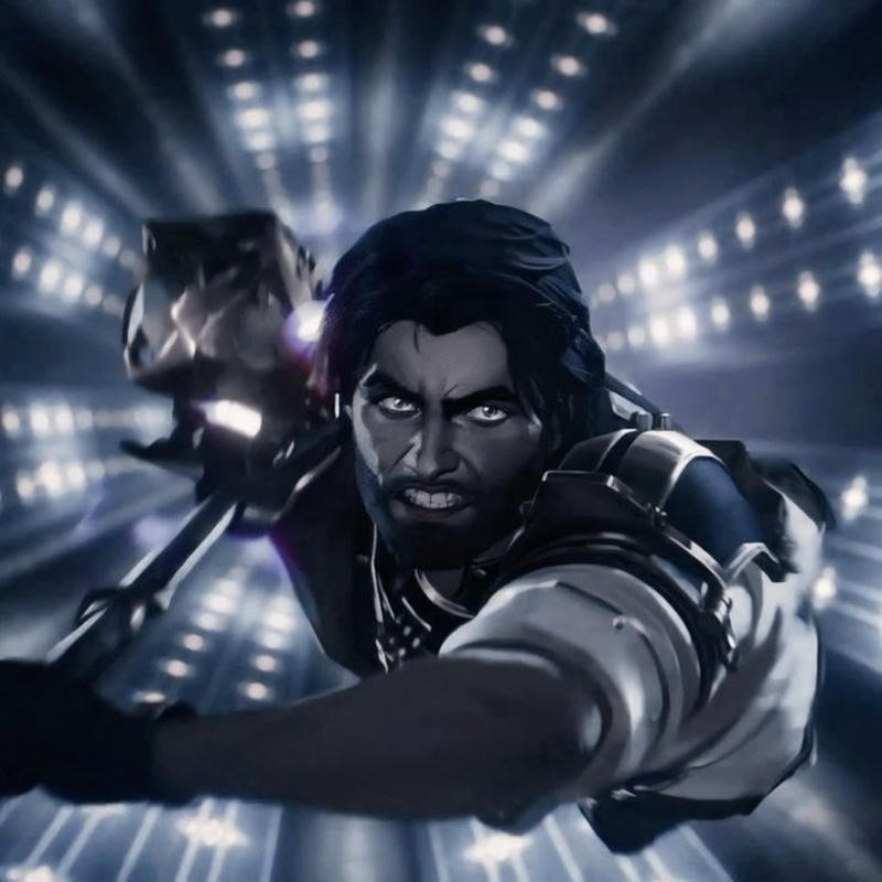 Image jayce pfp heroic stance glowing hammer dramatic lighting