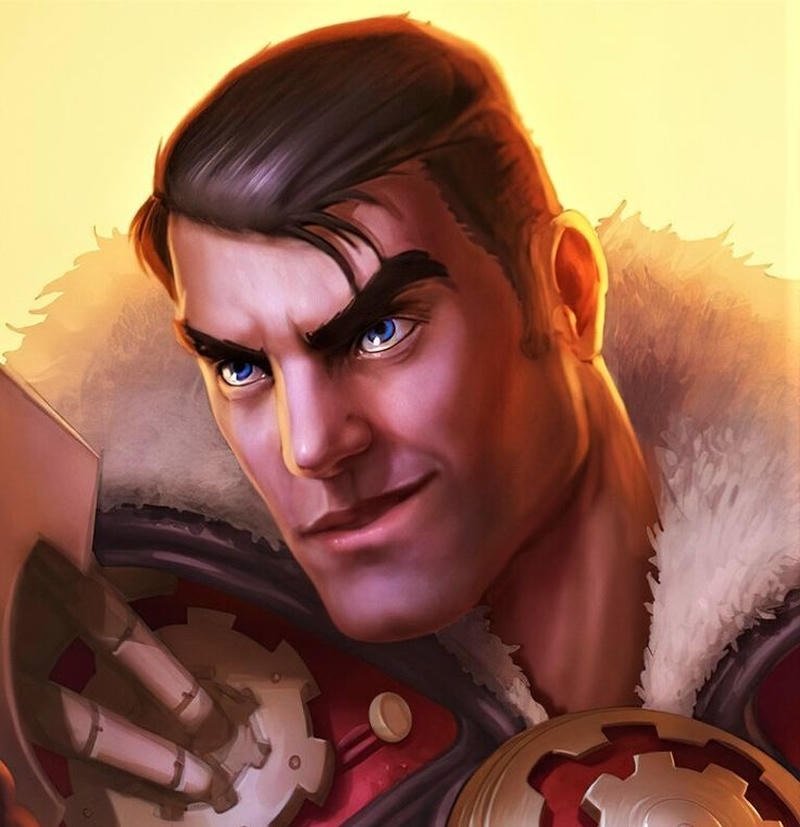 Jayce pfp heroic defender portrait holding glowing hammer
