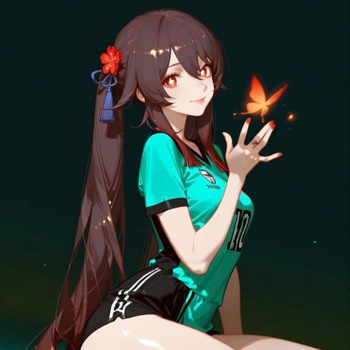 Magical aura shimmer lightly surrounding charming Hu Tao pfp