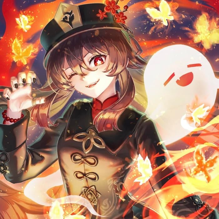 Playful mischievous smile brightening charming Hu Tao pfp