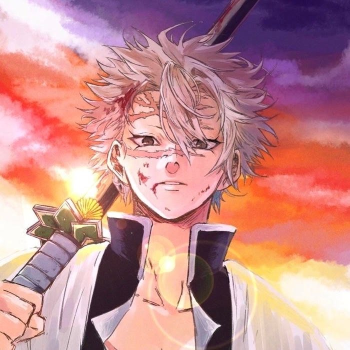 Predatory stare piercing outward from gripping Sanemi pfp