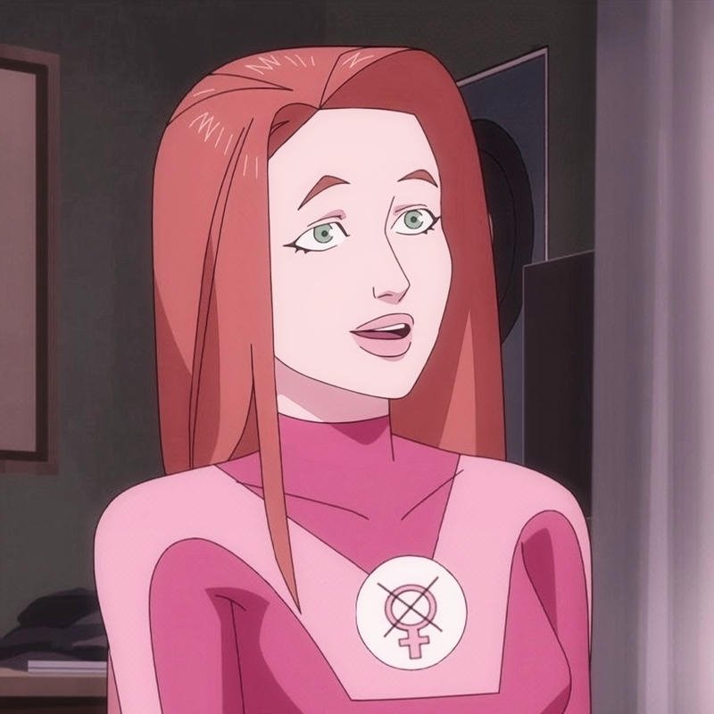 Shimmering superhuman heroine avatar styled Atom Eve pfp