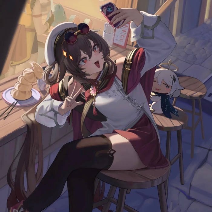 Vibrant saturated colors intensifying animated Hu Tao pfp design