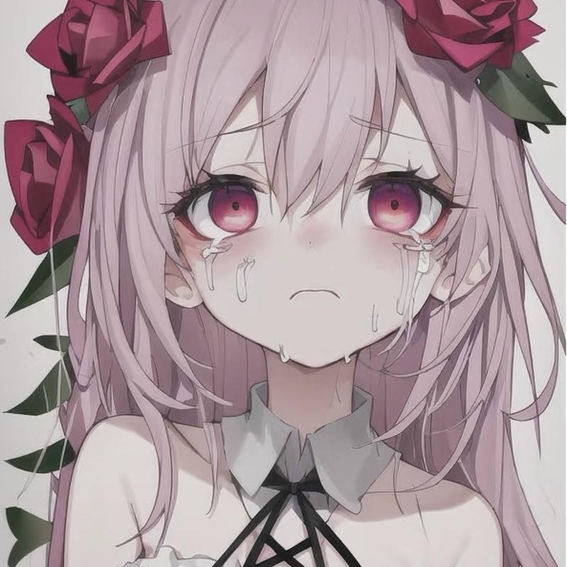 Downcast animated character headshot designed depressed anime pfp